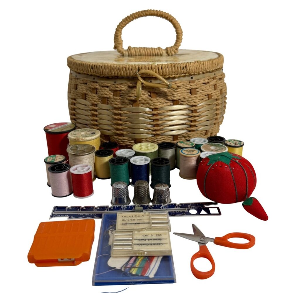 Vintage Round Woven Wicker Sewing Basket w/ Handle Satin Lining + More - Japan